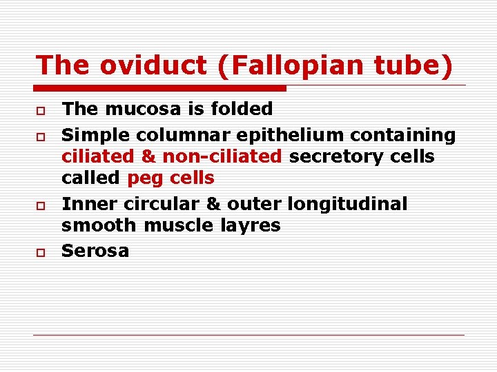 The oviduct (Fallopian tube) o o The mucosa is folded Simple columnar epithelium containing