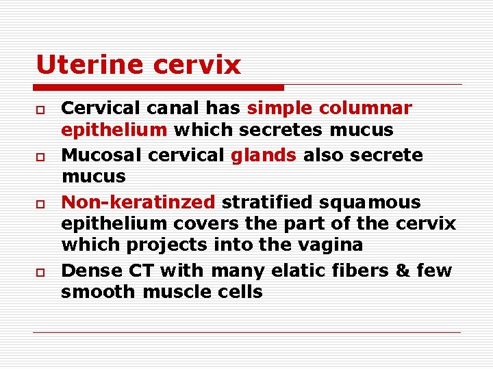 Uterine cervix o o Cervical canal has simple columnar epithelium which secretes mucus Mucosal