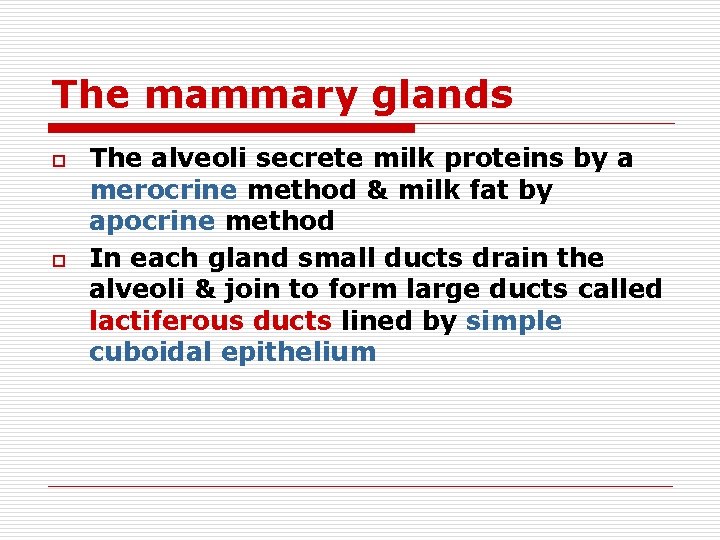 The mammary glands o o The alveoli secrete milk proteins by a merocrine method
