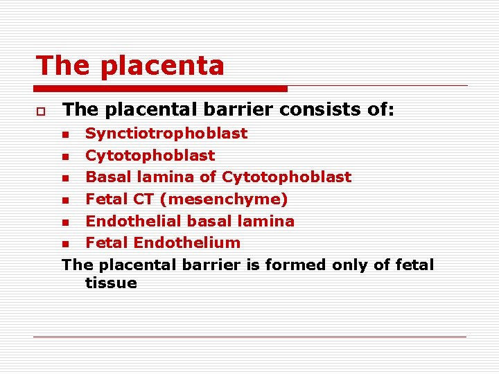 The placenta o The placental barrier consists of: Synctiotrophoblast n Cytotophoblast n Basal lamina