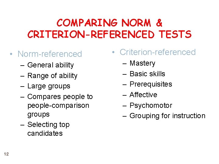 COMPARING NORM & CRITERION-REFERENCED TESTS • Norm-referenced – – General ability Range of ability