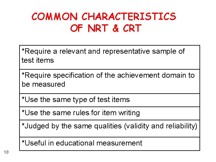 COMMON CHARACTERISTICS OF NRT & CRT *Require a relevant and representative sample of test