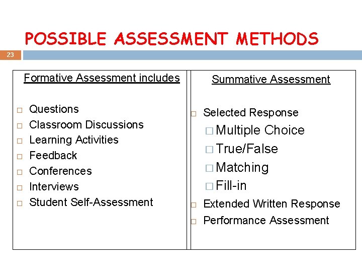 POSSIBLE ASSESSMENT METHODS 23 Formative Assessment includes Questions Classroom Discussions Learning Activities Feedback Conferences