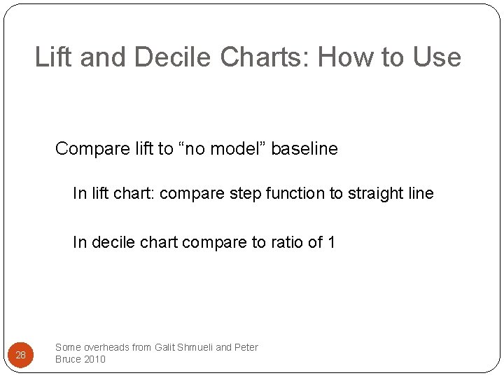 Lift and Decile Charts: How to Use Compare lift to “no model” baseline In