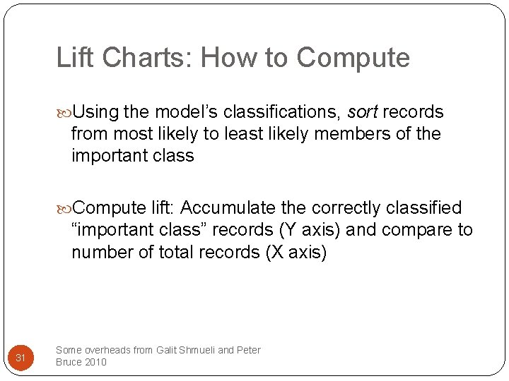 Lift Charts: How to Compute Using the model’s classifications, sort records from most likely