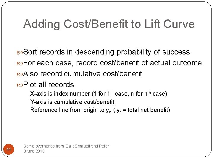 Adding Cost/Benefit to Lift Curve Sort records in descending probability of success For each