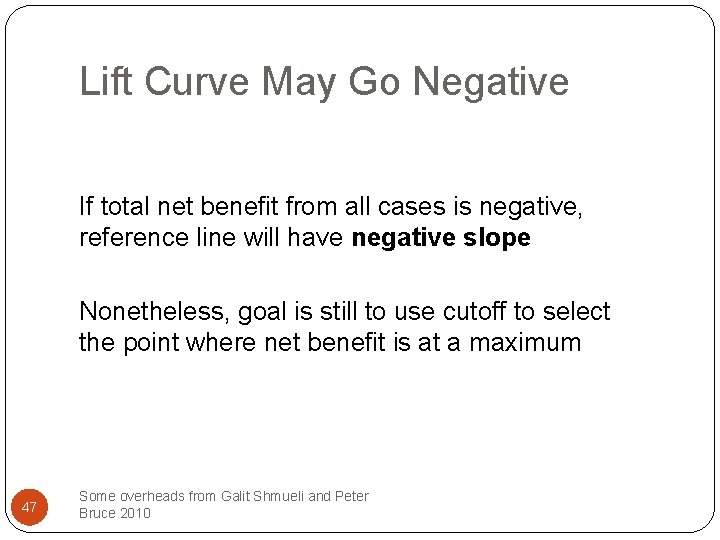 Lift Curve May Go Negative If total net benefit from all cases is negative,