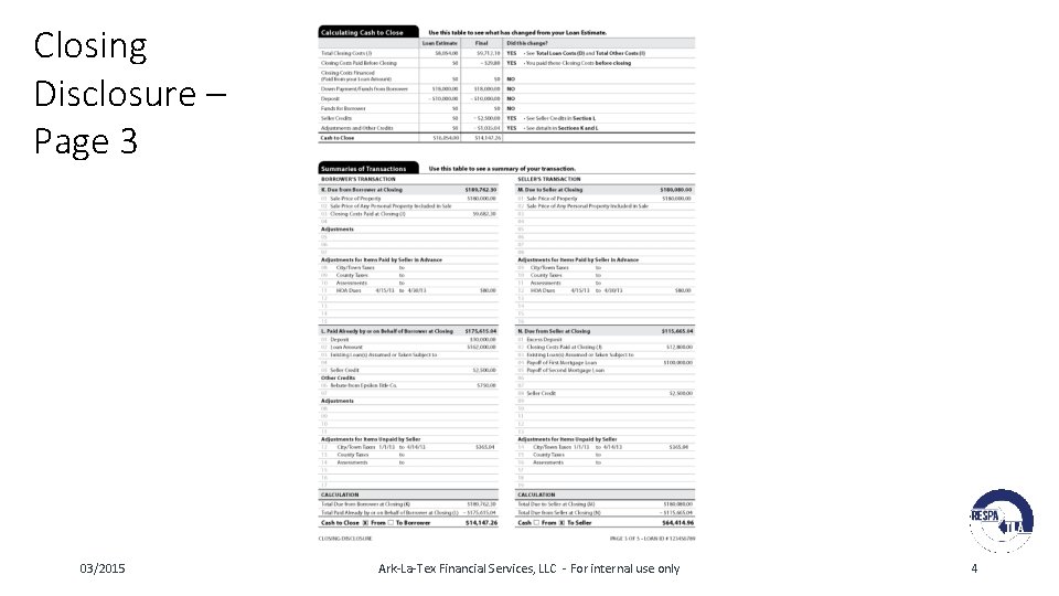 Closing Disclosure – Page 3 03/2015 Ark-La-Tex Financial Services, LLC - For internal use