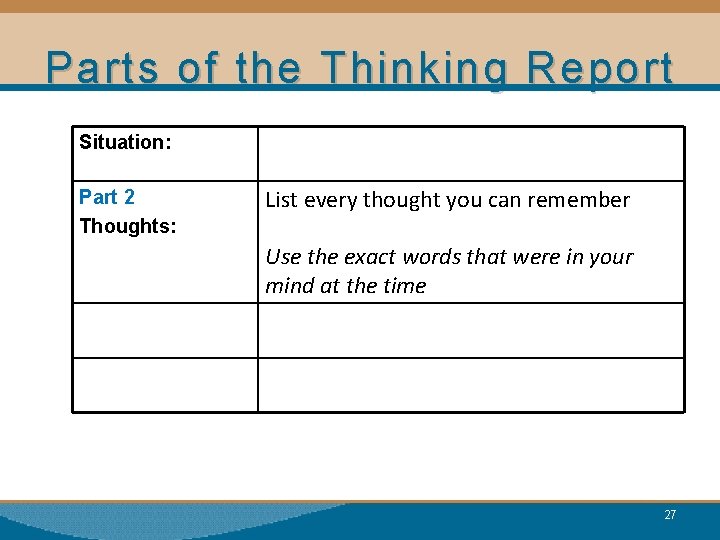 Parts of the Thinking Report Situation: Part 2 Thoughts: List every thought you can