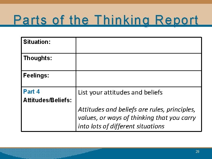 Parts of the Thinking Report Situation: Thoughts: Feelings: Part 4 Attitudes/Beliefs: List your attitudes