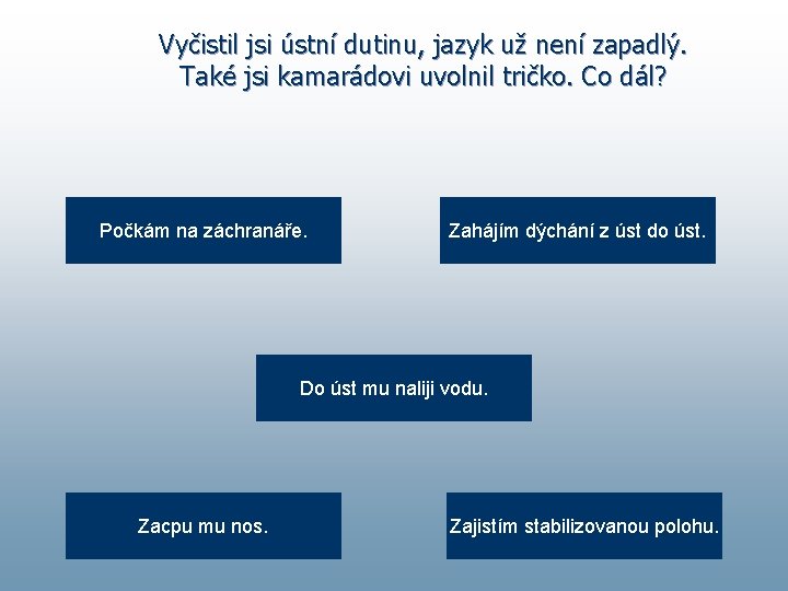 Vyčistil jsi ústní dutinu, jazyk už není zapadlý. Také jsi kamarádovi uvolnil tričko. Co