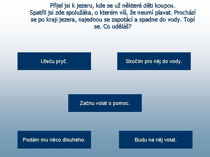 Přijel jsi k jezeru, kde se už některé děti koupou. Spatřil jsi zde spolužáka,