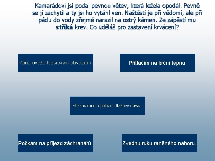 Kamarádovi jsi podal pevnou větev, která ležela opodál. Pevně se jí zachytil a ty