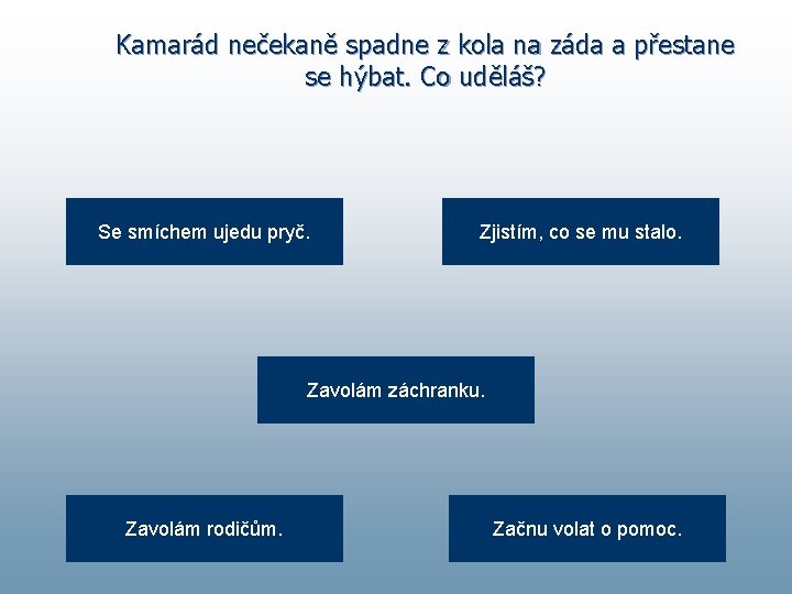 Kamarád nečekaně spadne z kola na záda a přestane se hýbat. Co uděláš? Se