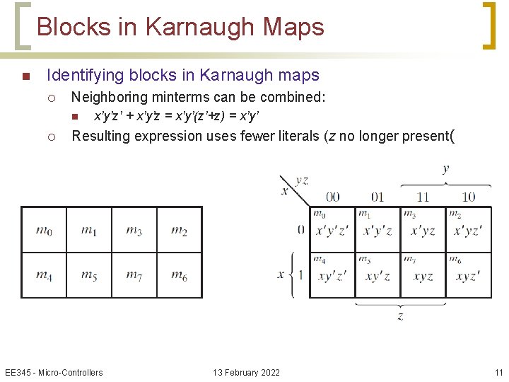 Blocks in Karnaugh Maps n Identifying blocks in Karnaugh maps ¡ Neighboring minterms can