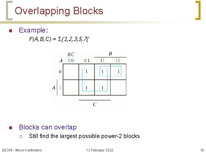 Overlapping Blocks n Example: F(A, B, C) = Σ(1, 2, 3, 5, 7( n