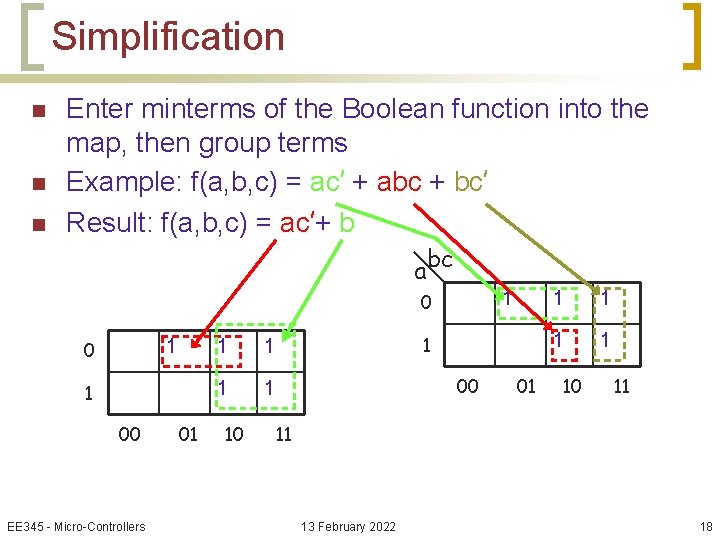 Simplification n Enter minterms of the Boolean function into the map, then group terms