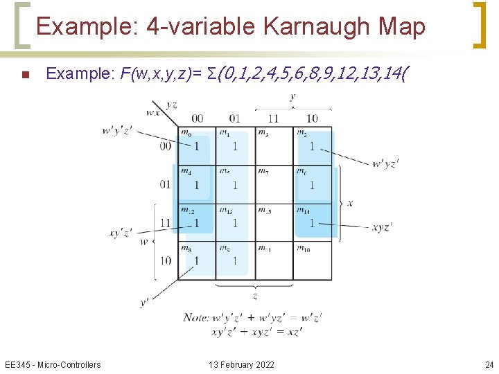 Example: 4 -variable Karnaugh Map n Example: F(w, x, y, z)= Σ(0, 1, 2,