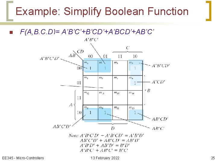 Example: Simplify Boolean Function n F(A, B, C, D)= A’B’C’+B’CD’+A’BCD’+AB’C’ EE 345 - Micro-Controllers
