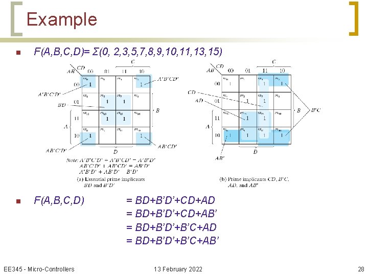 Example n F(A, B, C, D)= Σ(0, 2, 3, 5, 7, 8, 9, 10,