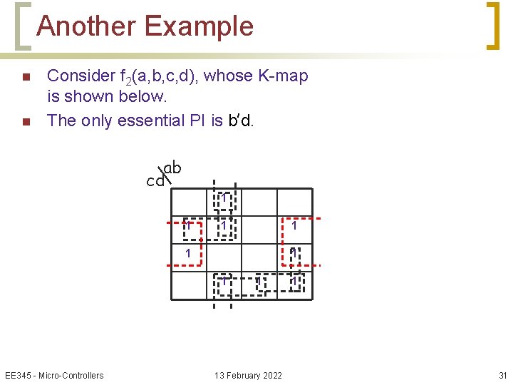 Another Example n n Consider f 2(a, b, c, d), whose K-map is shown