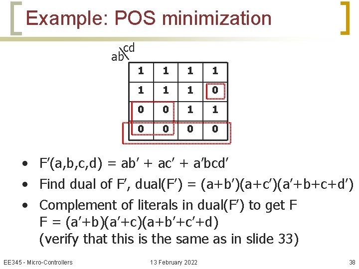 Example: POS minimization cd ab 1 1 1 1 0 0 0 1 1