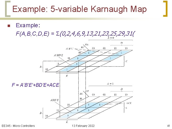 Example: 5 -variable Karnaugh Map n Example: F(A, B, C, D, E) = Σ(0,