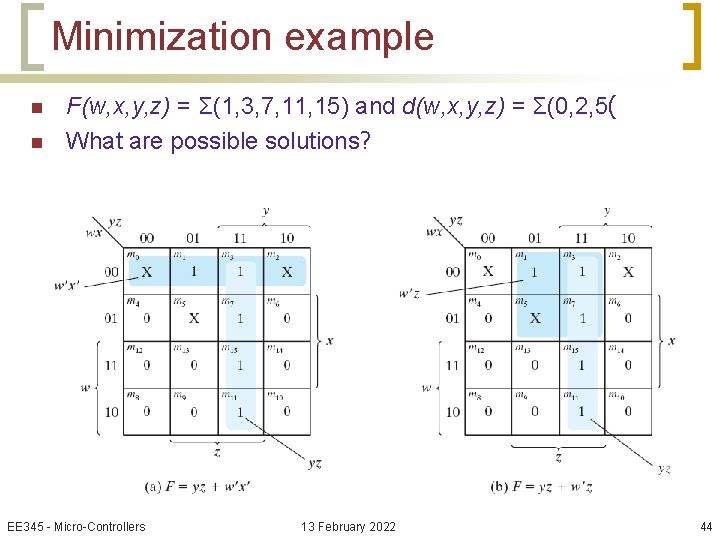 Minimization example n n F(w, x, y, z) = Σ(1, 3, 7, 11, 15)