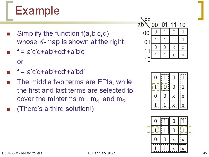 Example n n n cd Simplify the function f(a, b, c, d) whose K-map