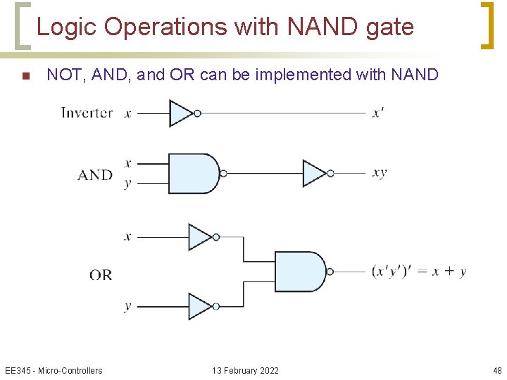 Logic Operations with NAND gate n NOT, AND, and OR can be implemented with