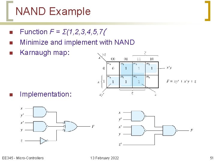 NAND Example n Function F = Σ(1, 2, 3, 4, 5, 7( Minimize and