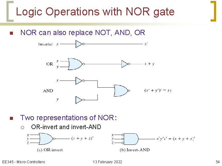 Logic Operations with NOR gate n NOR can also replace NOT, AND, OR n