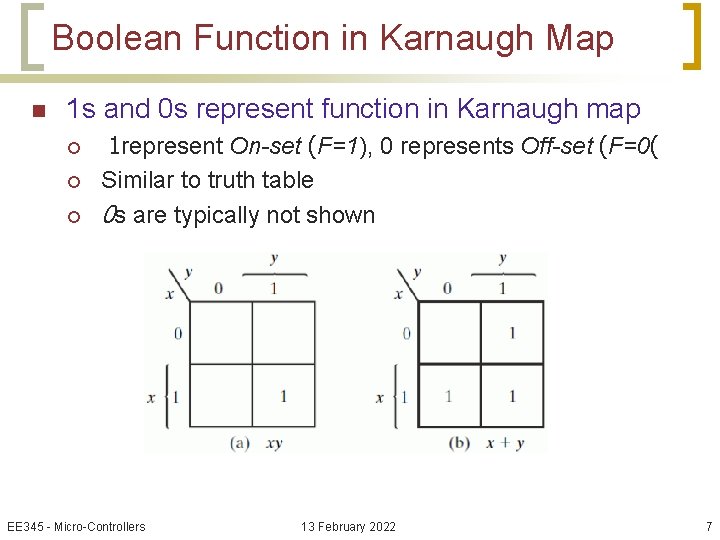 Boolean Function in Karnaugh Map n 1 s and 0 s represent function in