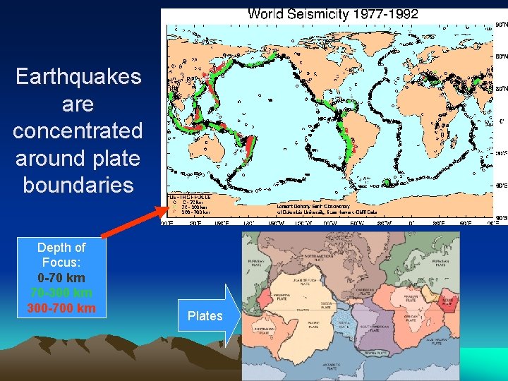 Earthquakes are concentrated around plate boundaries Depth of Focus: 0 -70 km 70 -300