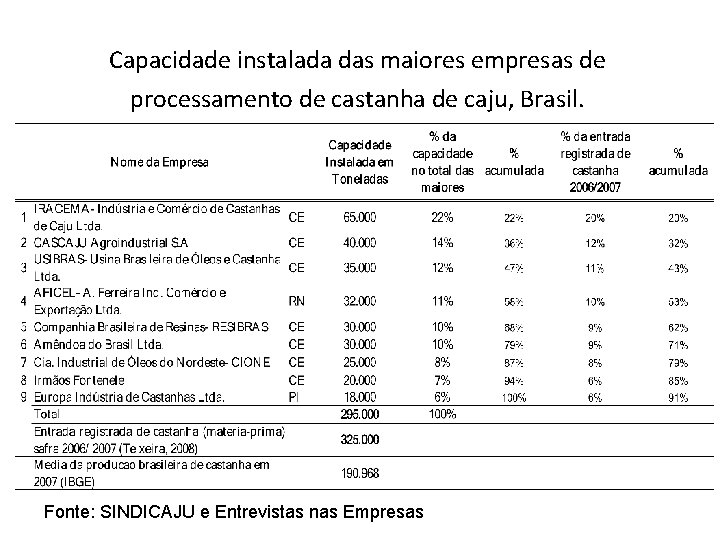 Capacidade instalada das maiores empresas de processamento de castanha de caju, Brasil. Fonte: SINDICAJU