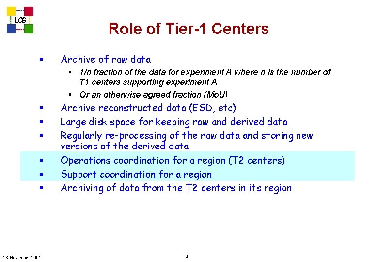 LCG Role of Tier-1 Centers § Archive of raw data § 1/n fraction of