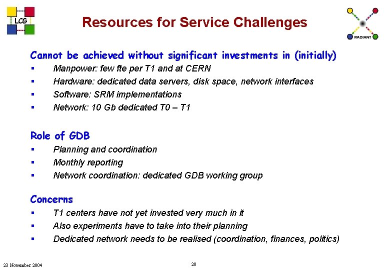 Resources for Service Challenges LCG Cannot be achieved without significant investments in (initially) §