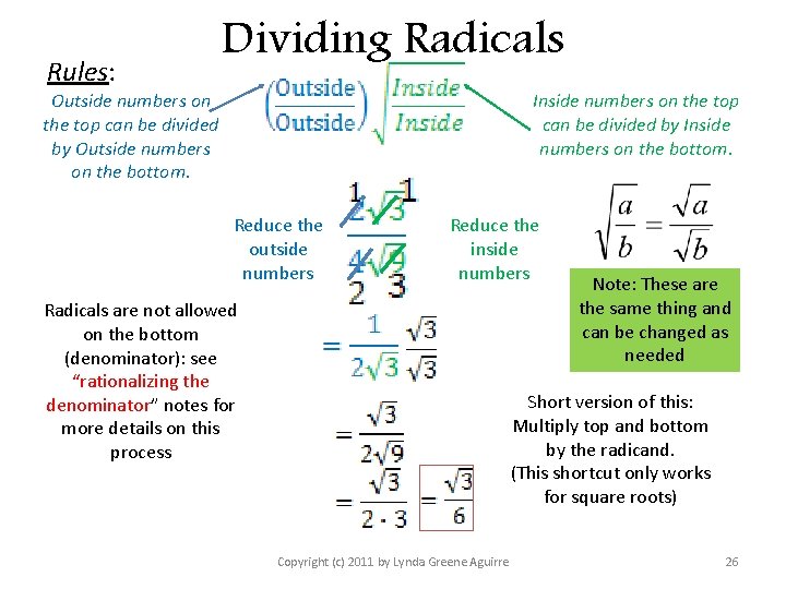 Rules: Dividing Radicals Inside numbers on the top can be divided by Inside numbers