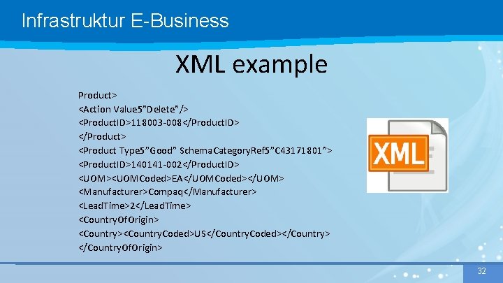 Infrastruktur E-Business XML example Product> <Action Value 5”Delete”/> <Product. ID>118003 -008</Product. ID> </Product> <Product