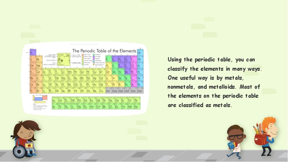 Using the periodic table, you can classify the elements in many ways. One useful