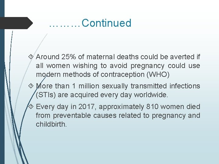 ………Continued Around 25% of maternal deaths could be averted if all women wishing to