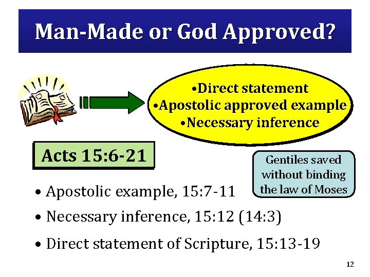 Man-Made or God Approved? • Direct statement • Apostolic approved example • Necessary inference