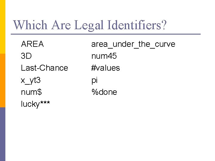 Which Are Legal Identifiers? AREA 3 D Last-Chance x_yt 3 num$ lucky*** area_under_the_curve num Which Are Legal Identifiers? AREA 3 D Last-Chance x_yt 3 num$ lucky*** area_under_the_curve num