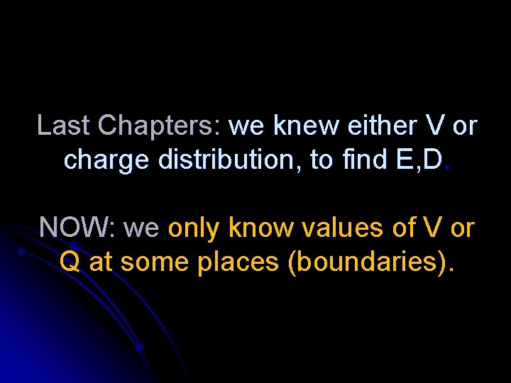 Last Chapters: we knew either V or charge distribution, to find E, D. NOW: