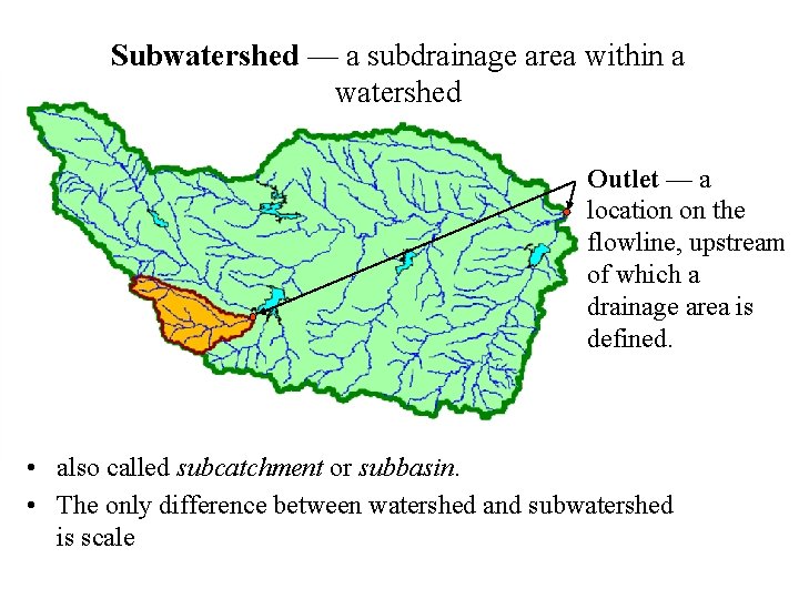 Subwatershed — a subdrainage area within a watershed Outlet — a location on the