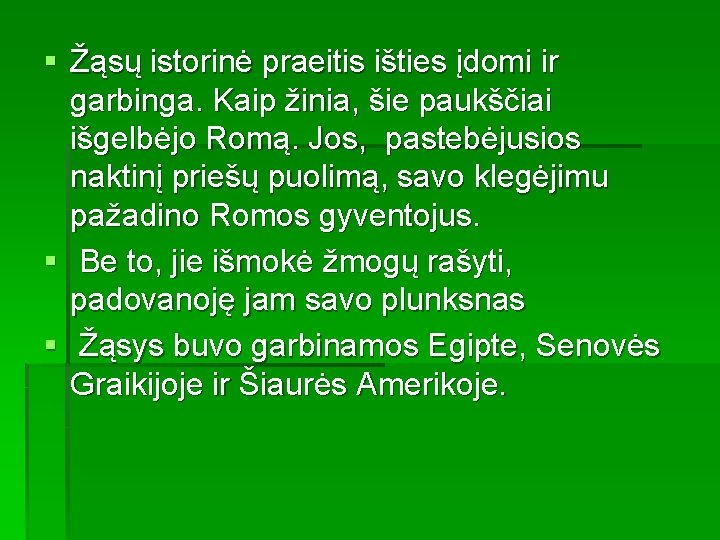 § Žąsų istorinė praeitis išties įdomi ir garbinga. Kaip žinia, šie paukščiai išgelbėjo Romą.