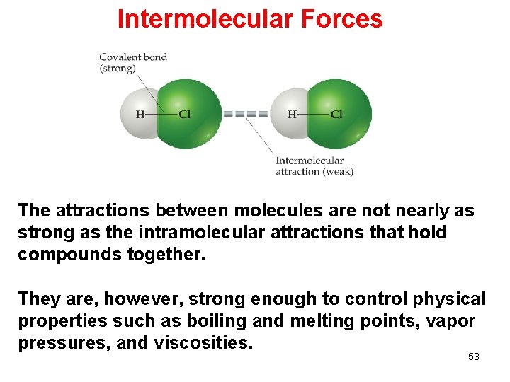 Intermolecular Forces The attractions between molecules are not nearly as strong as the intramolecular