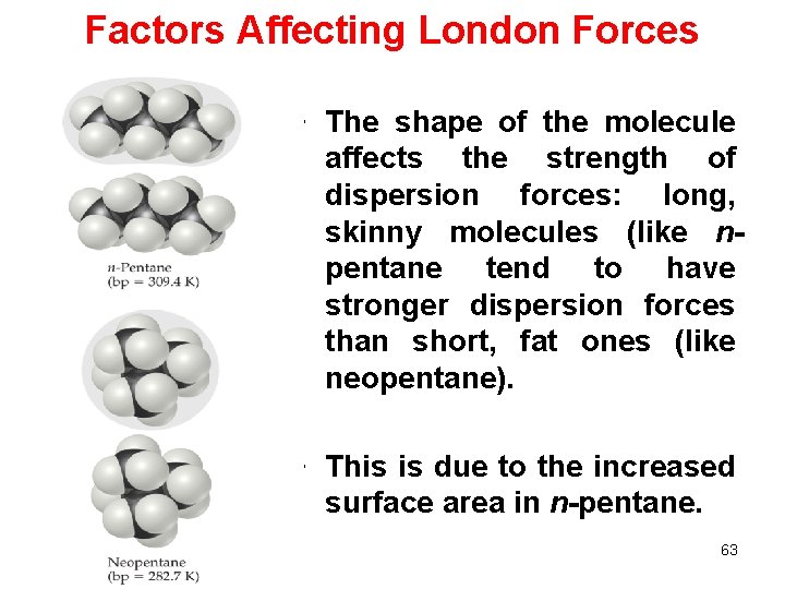 Factors Affecting London Forces • The shape of the molecule affects the strength of