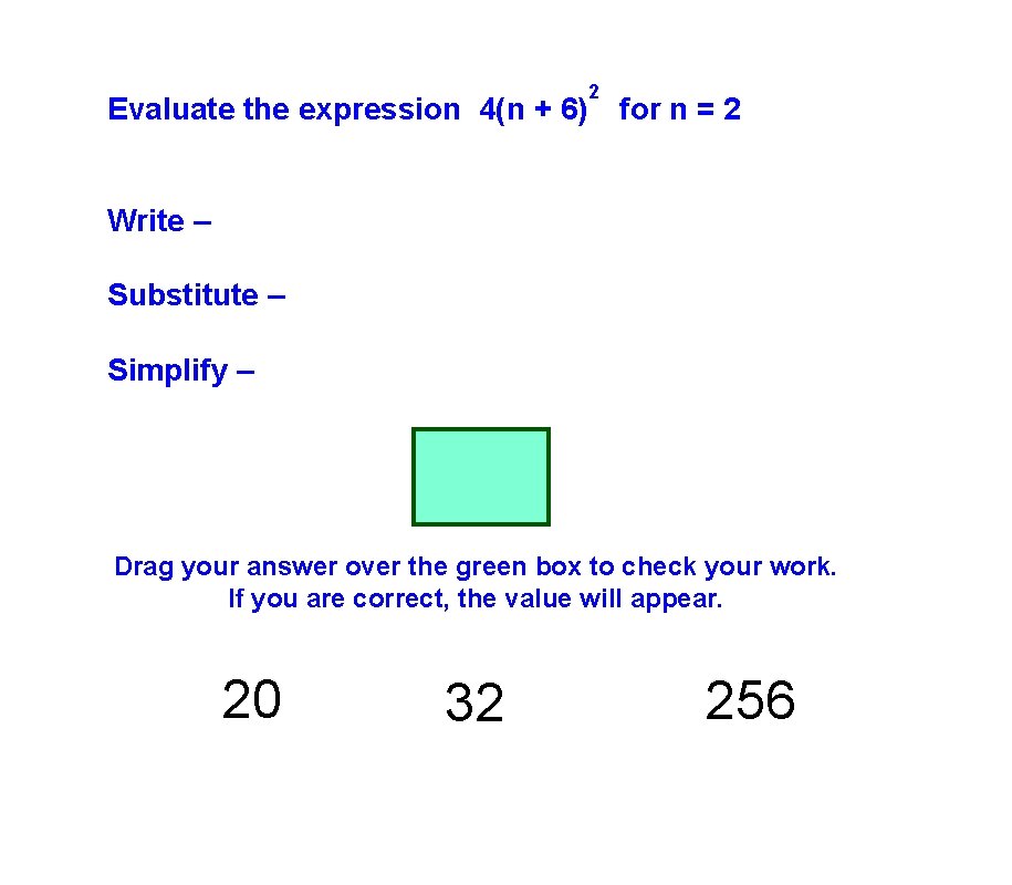 Evaluate the expression 4(n + 6) 2 for n = 2 Write – Substitute