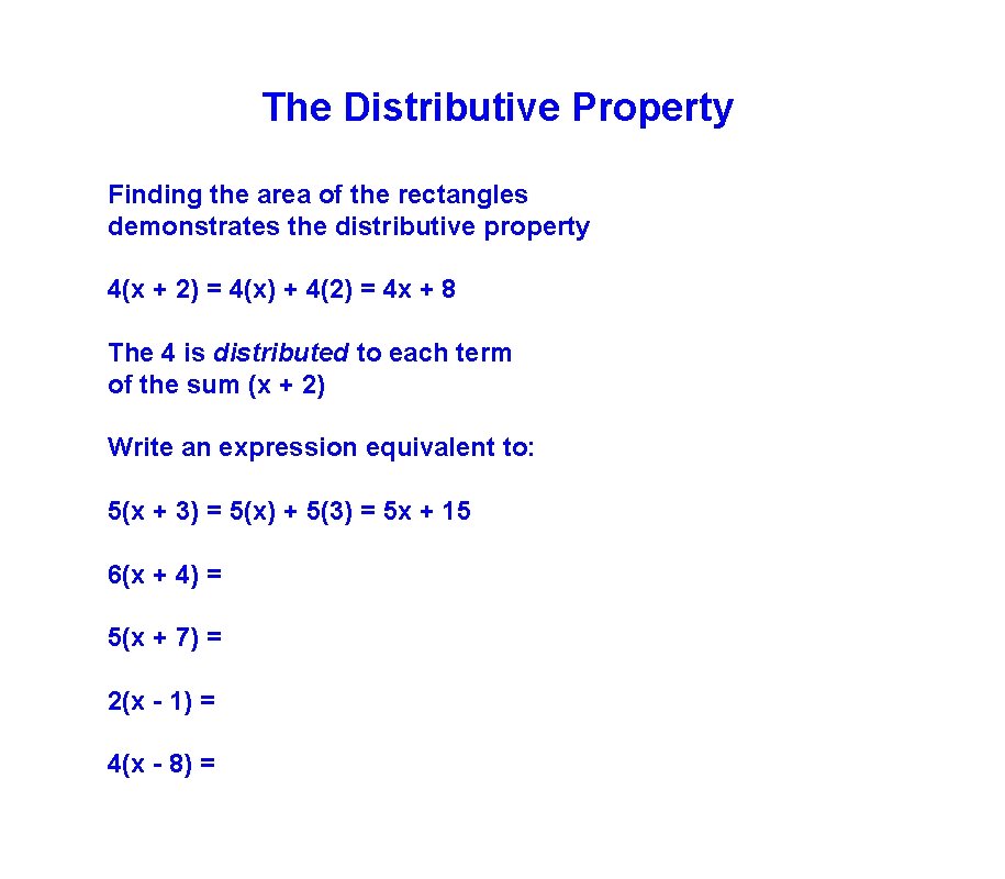 The Distributive Property Finding the area of the rectangles demonstrates the distributive property 4(x